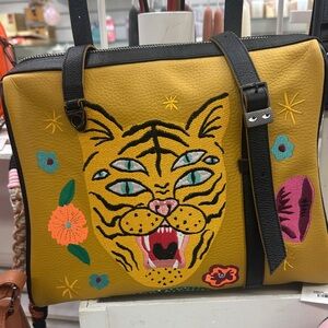 Esther Satchel Leather Embroidered Tiger Design Vintage Yellow Bag